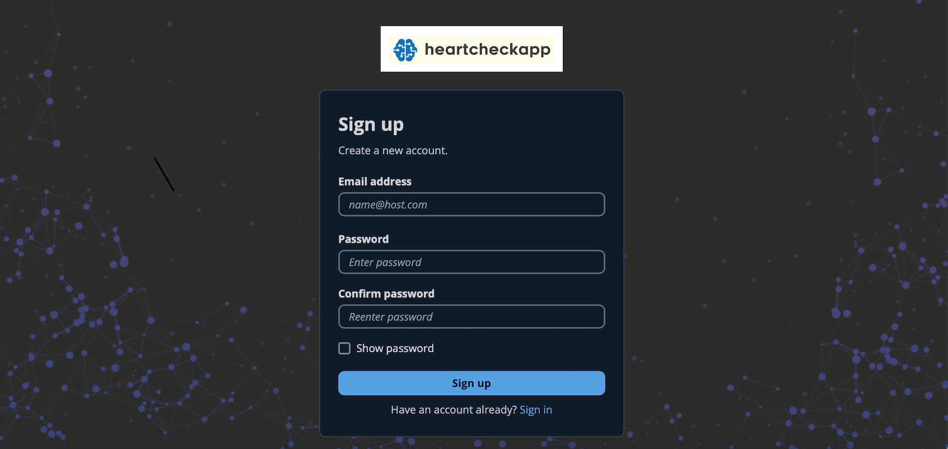 Create account screen